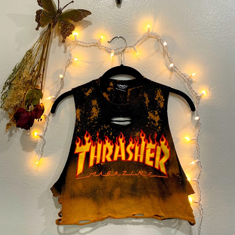 Thrasher Skateboarding Flames bleach dyed crop top